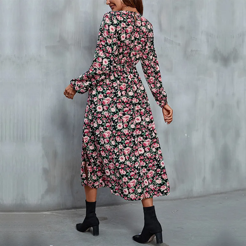 Floral Print Long Sleeve Split Dresses Wholesale Womens Clothing N3824080900008