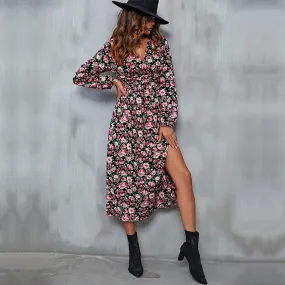 Floral Print Long Sleeve Split Dresses Wholesale Womens Clothing N3824080900008