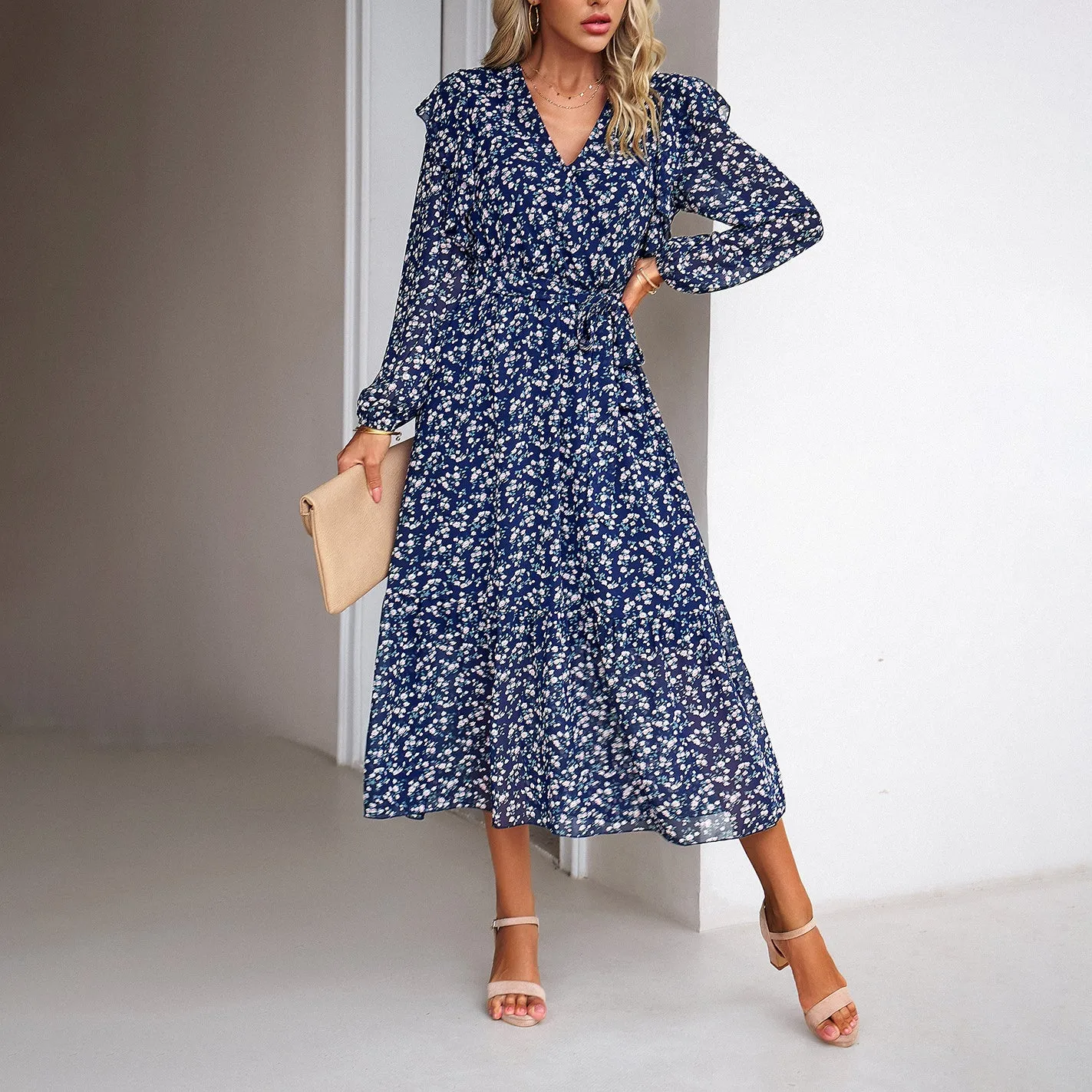 Floral Wood Ear Side Slim V-Neck Long-Sleeved Dress Wholesale Dresses