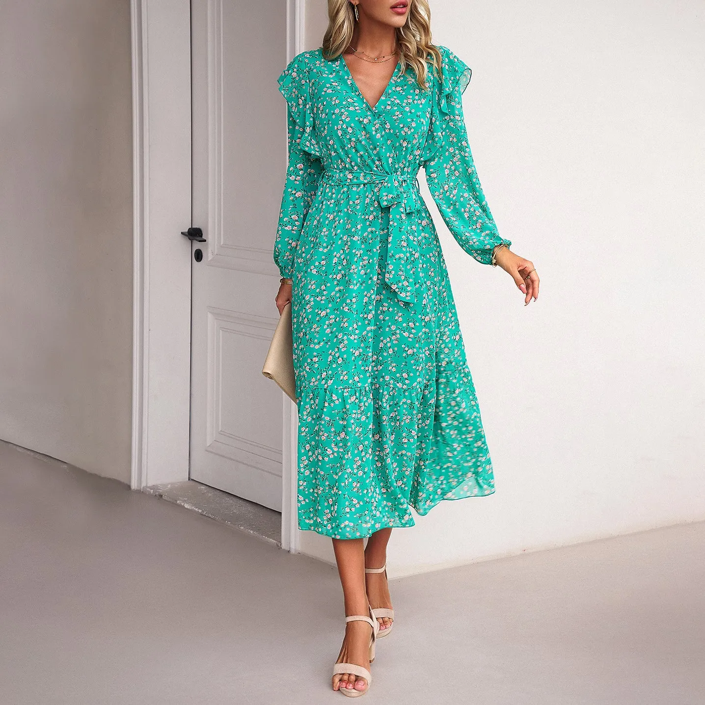 Floral Wood Ear Side Slim V-Neck Long-Sleeved Dress Wholesale Dresses