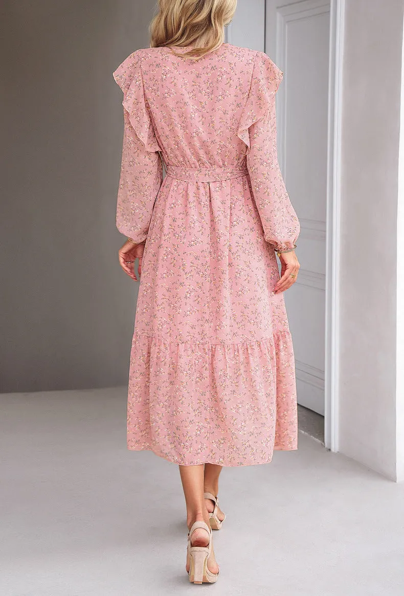 Floral Wood Ear Side Slim V-Neck Long-Sleeved Dress Wholesale Dresses