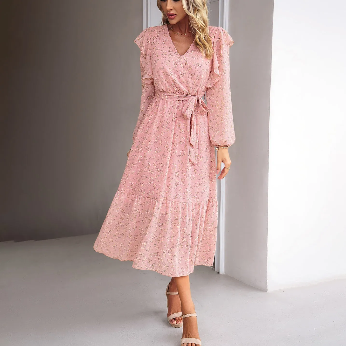 Floral Wood Ear Side Slim V-Neck Long-Sleeved Dress Wholesale Dresses