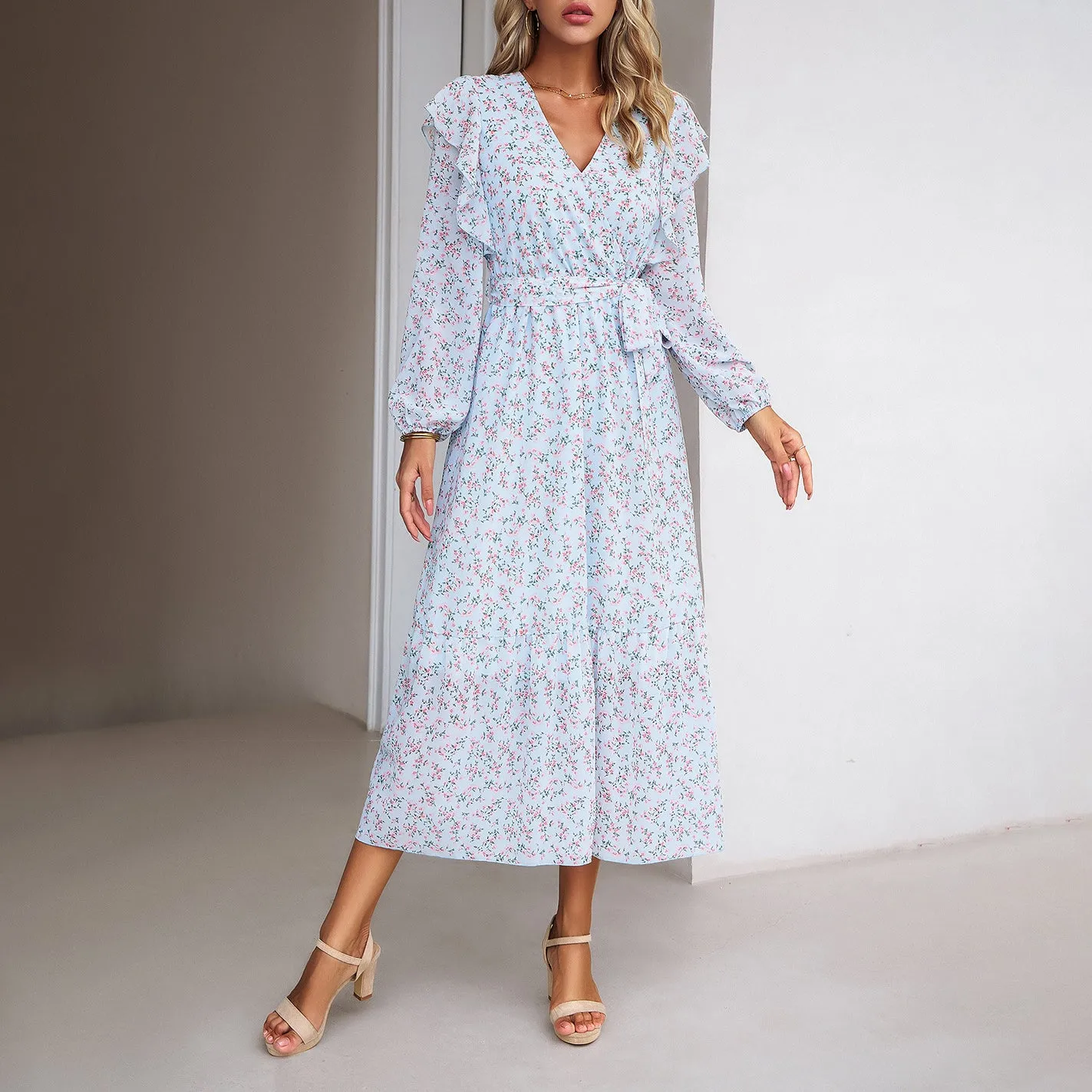 Floral Wood Ear Side Slim V-Neck Long-Sleeved Dress Wholesale Dresses