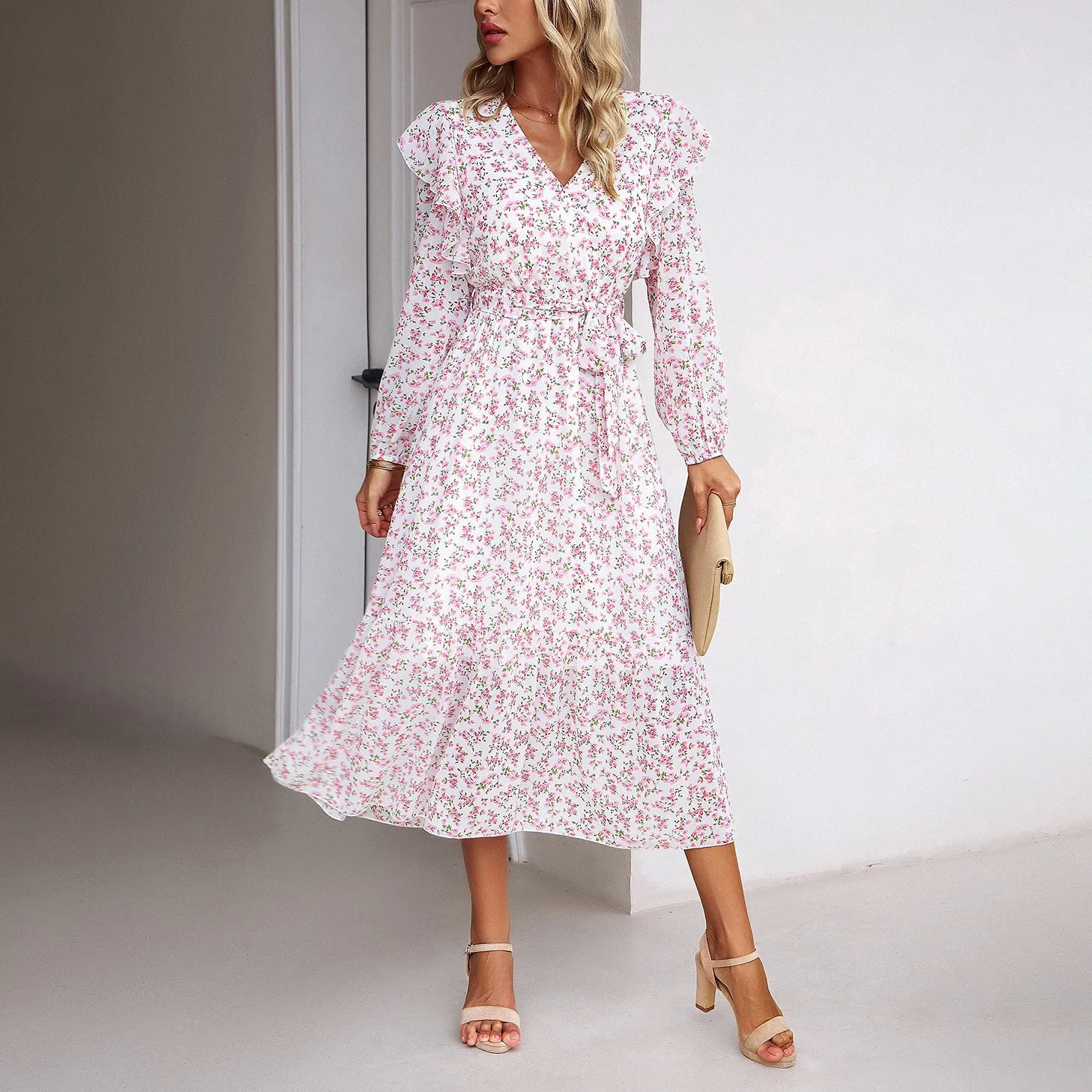 Floral Wood Ear Side Slim V-Neck Long-Sleeved Dress Wholesale Dresses