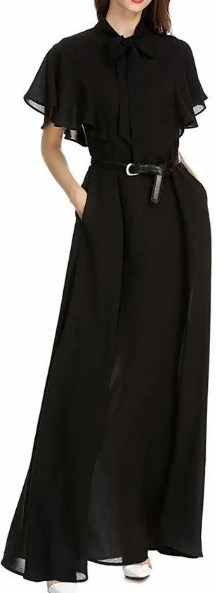 Flutter-Sleeve Long Gown with Tie-Neck Collar, Black