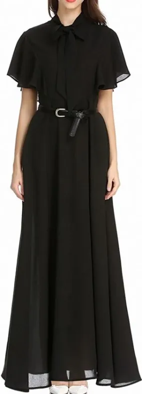 Flutter-Sleeve Long Gown with Tie-Neck Collar, Black