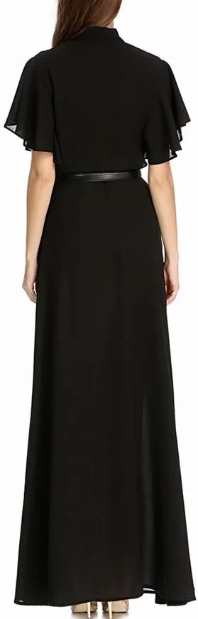 Flutter-Sleeve Long Gown with Tie-Neck Collar, Black