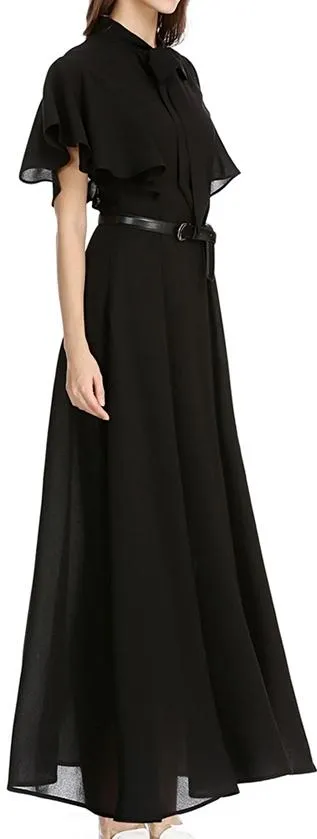 Flutter-Sleeve Long Gown with Tie-Neck Collar, Black