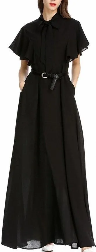 Flutter-Sleeve Long Gown with Tie-Neck Collar, Black