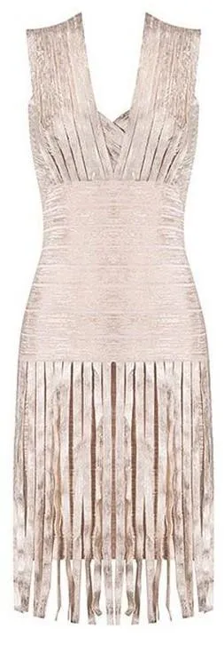 Fringe-Trimmed Bandage Dress - Gold, Peach or Khaki