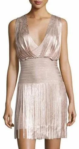 Fringe-Trimmed Bandage Dress - Gold, Peach or Khaki