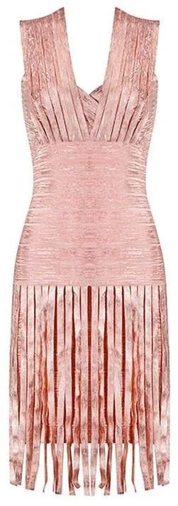 Fringe-Trimmed Bandage Dress - Gold, Peach or Khaki