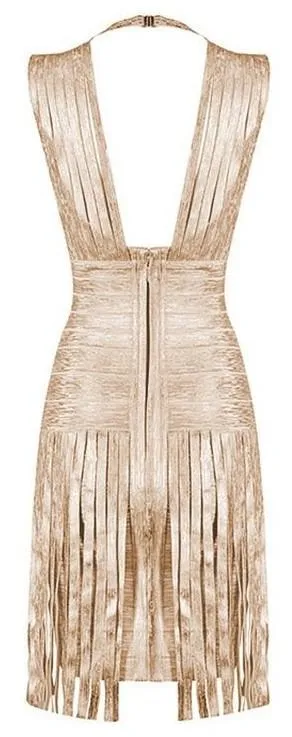 Fringe-Trimmed Bandage Dress - Gold, Peach or Khaki