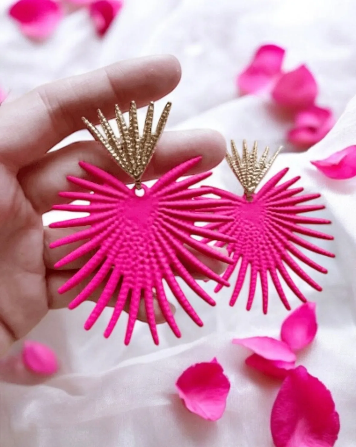 Geometric - Starburst Flower petal spiky leaf Gold statement earrings | dangly drop earrings | oversize floral geometric earrings | Korean earrings