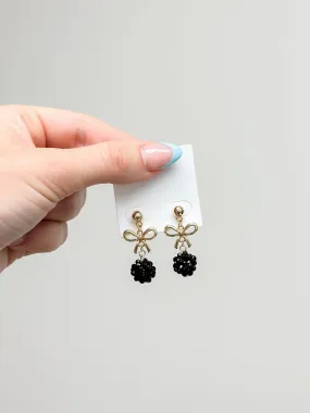 Gold Bow Beaded Dangle Earrings - Jet