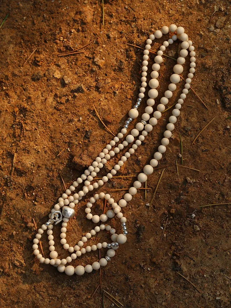 Gradient White Fossil and Silver Bead Long Beaded OT Clasp Necklace