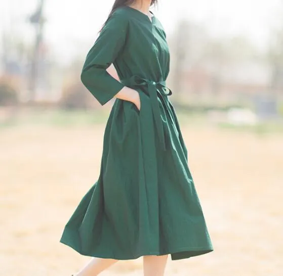 Green Linen Women Dresses 3/4 Sleeves V Neck Midi Dresses XH9507