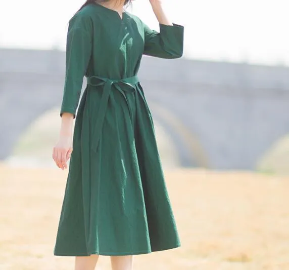 Green Linen Women Dresses 3/4 Sleeves V Neck Midi Dresses XH9507