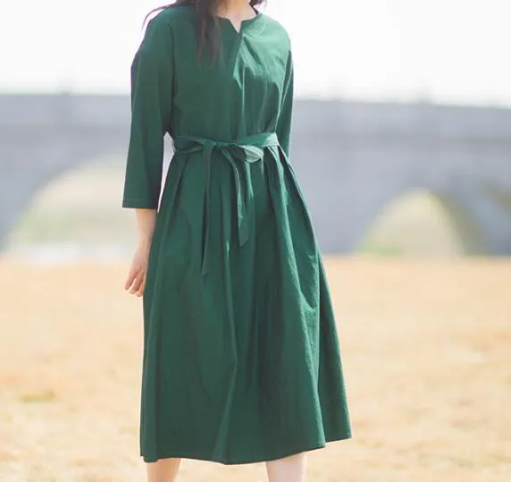 Green Linen Women Dresses 3/4 Sleeves V Neck Midi Dresses XH9507