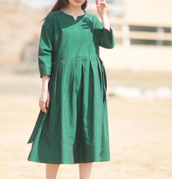 Green Linen Women Dresses 3/4 Sleeves V Neck Midi Dresses XH9507