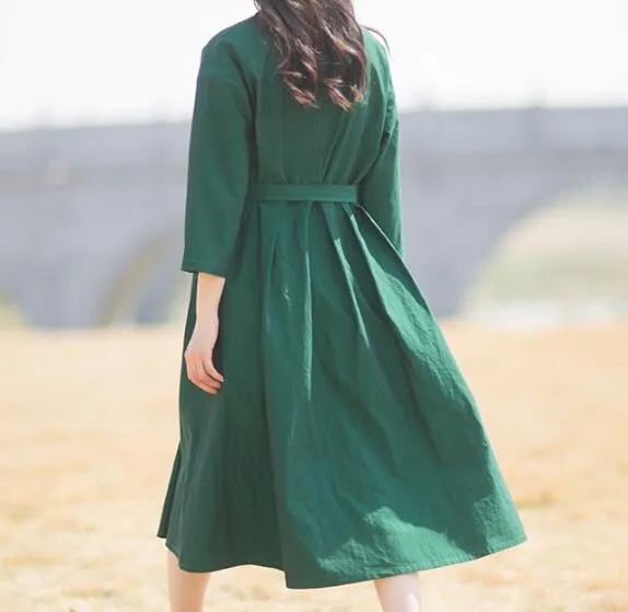 Green Linen Women Dresses 3/4 Sleeves V Neck Midi Dresses XH9507