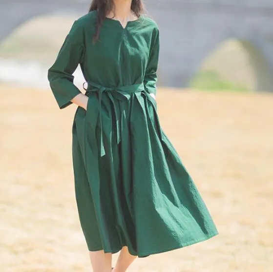 Green Linen Women Dresses 3/4 Sleeves V Neck Midi Dresses XH9507