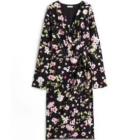 H&M Floral Tie-detail Wrap dress, black/multicolor