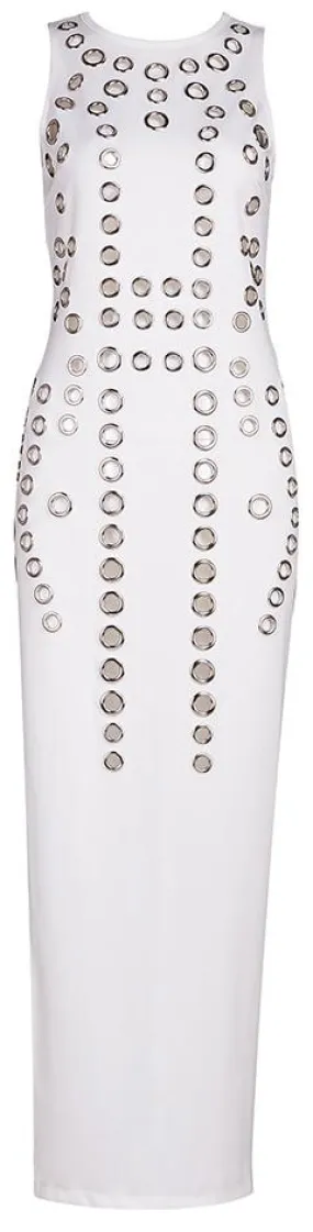 Hole-Embellished Maxi Bodycon Gown, White