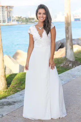 Ivory Maxi Dress with Embroidered Top and Slit