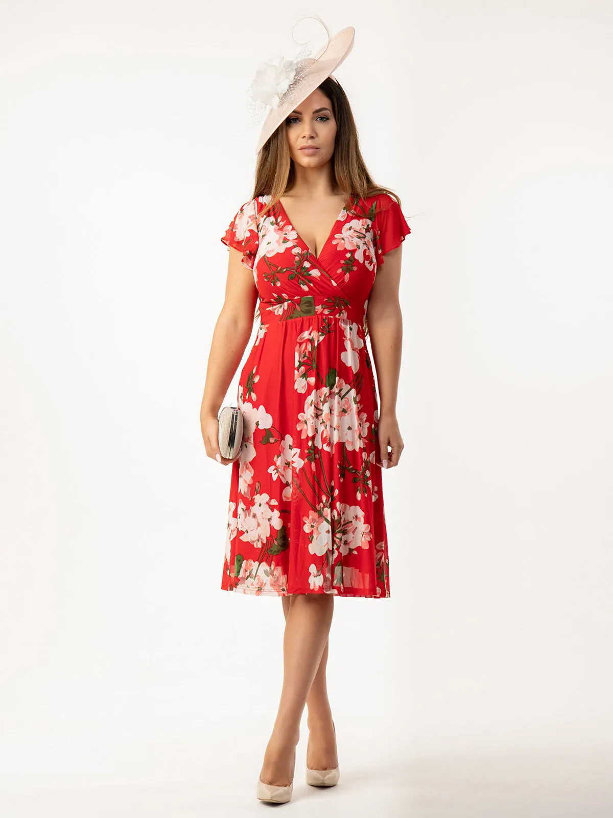 Jolie Moi Wrap Mesh Midi Dress, Red Floral