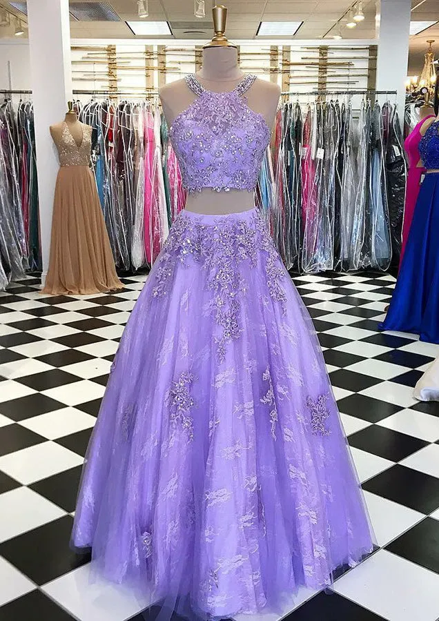 kamahe Lilac Ball Gown Scoop Neck Sleeveless Long/Floor-Length Tulle Prom Dress With Appliqued Beading