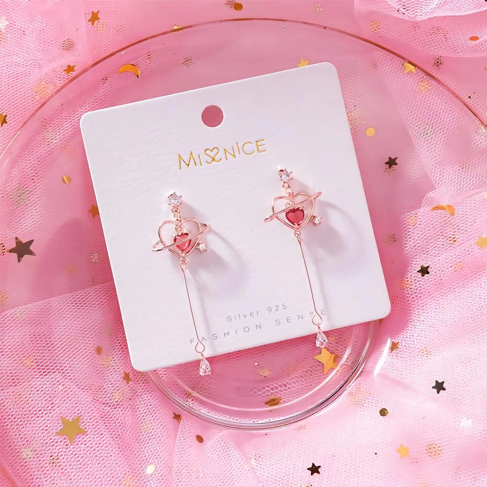 Kawaii Crystal Heart Dangle Earrings