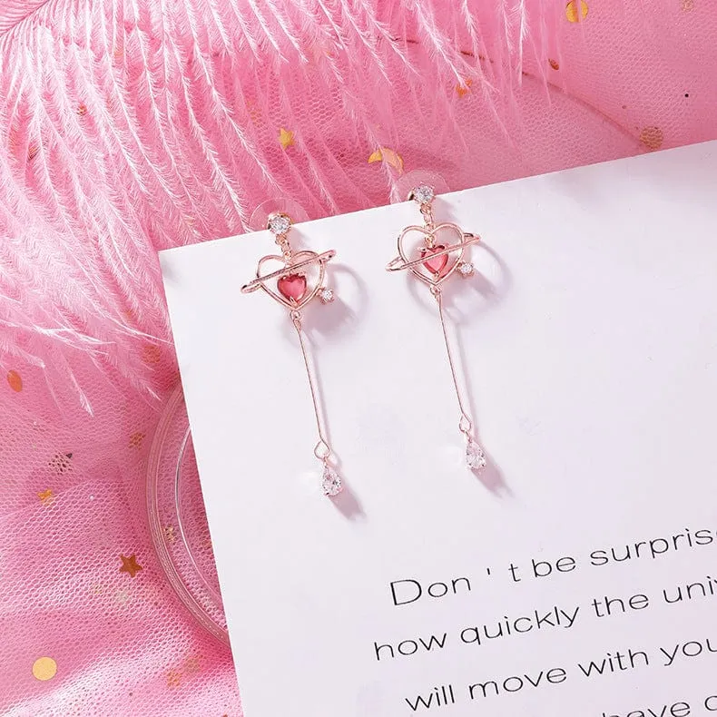 Kawaii Crystal Heart Dangle Earrings