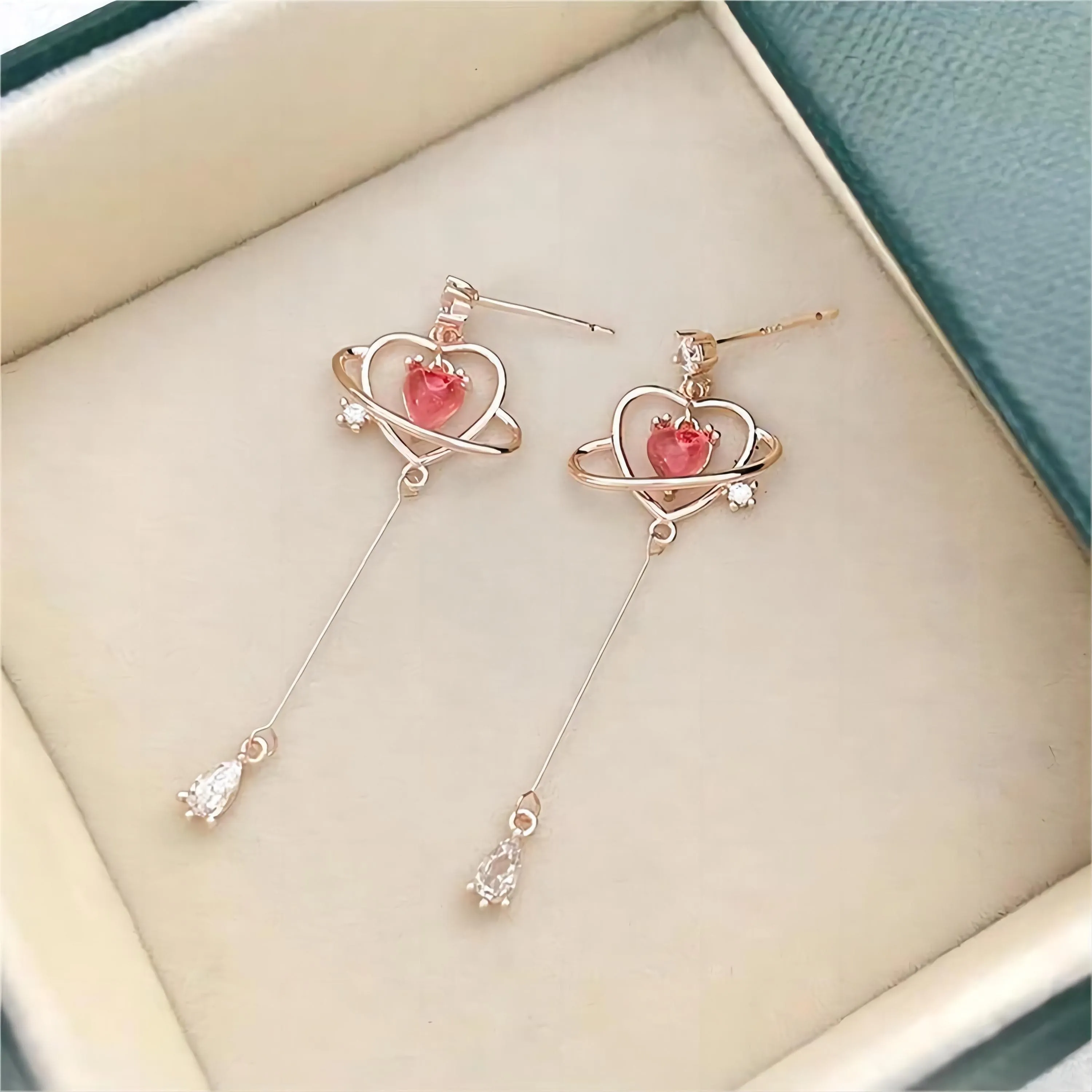 Kawaii Crystal Heart Dangle Earrings