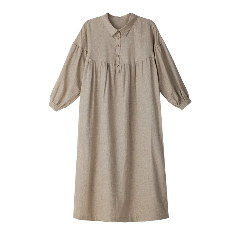 Khaki Linen Women Dresses 3/4 Sleeves Spring Summer Women Dresses XH9665