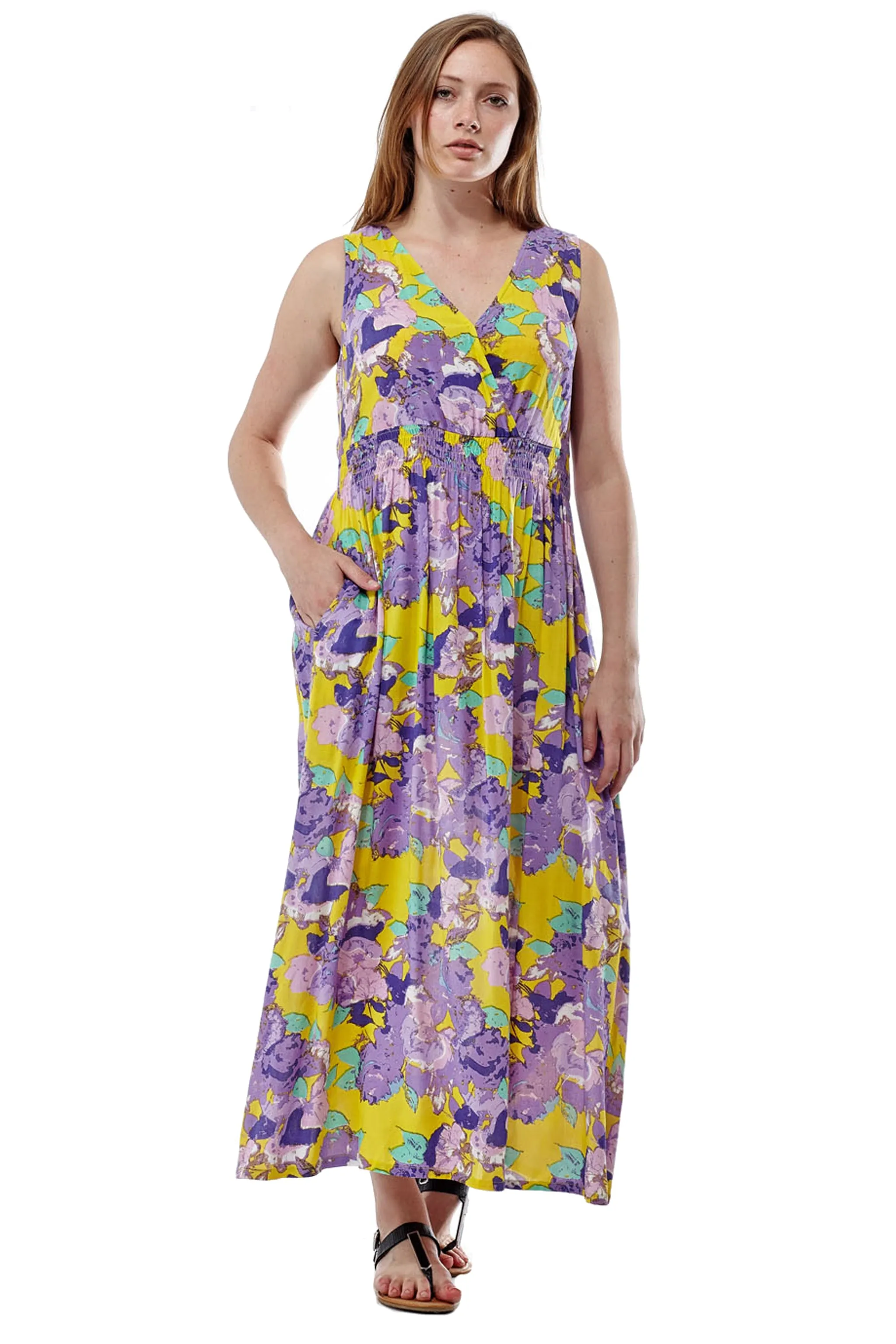 La Cera Floral Printed Sleeveless Rayon Maxi Dress