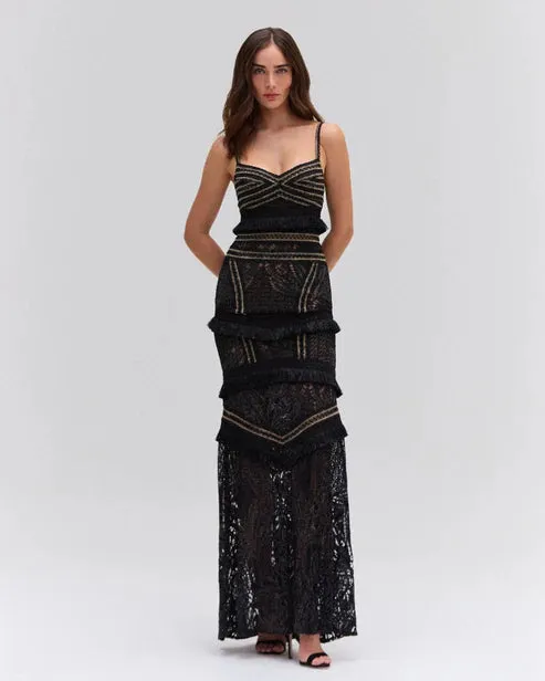 Lace & Fringe Maxi Dress - Black