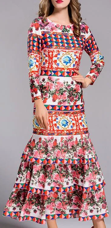 Long Multicolored Printed Tiered Hem Dress