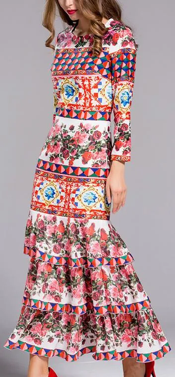 Long Multicolored Printed Tiered Hem Dress