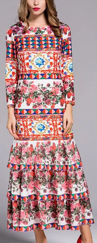 Long Multicolored Printed Tiered Hem Dress