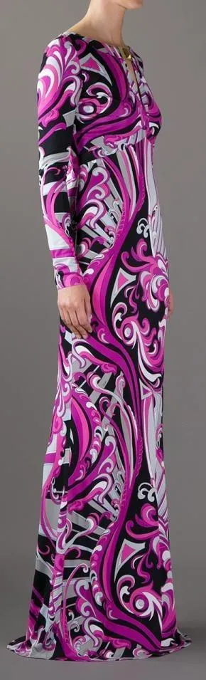 Long Printed Silk Gown in Purple