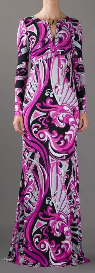 Long Printed Silk Gown in Purple