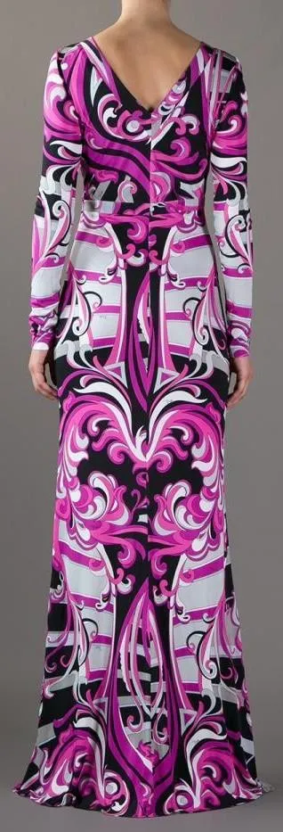 Long Printed Silk Gown in Purple