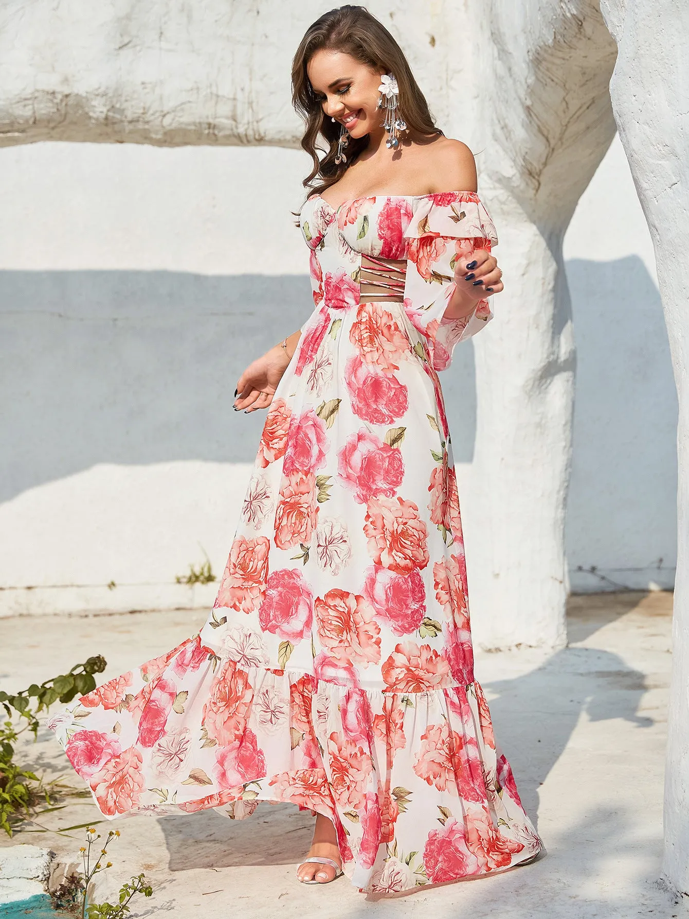 Long Sleeve Cutout Printed Maxi Dress