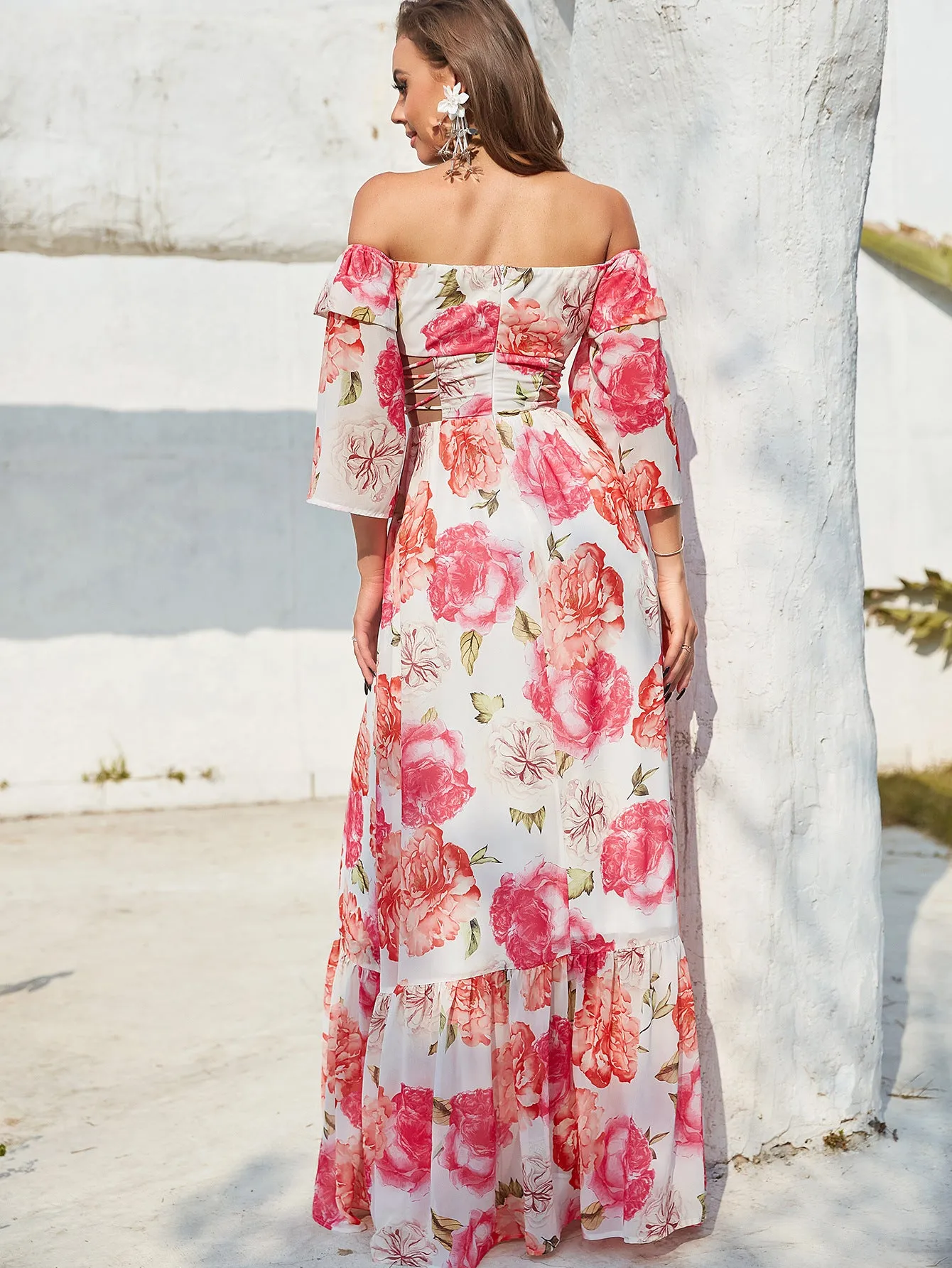 Long Sleeve Cutout Printed Maxi Dress