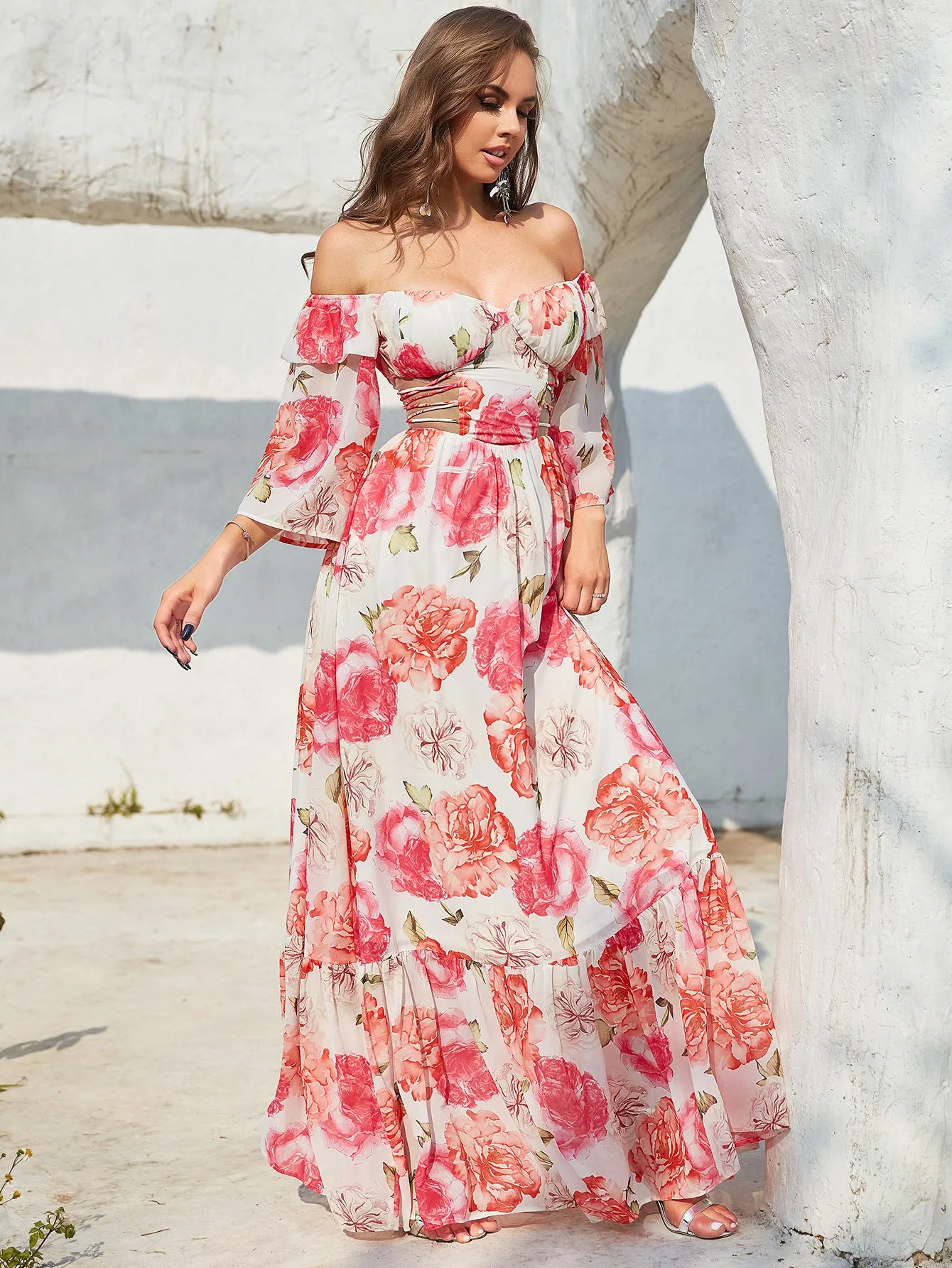 Long Sleeve Cutout Printed Maxi Dress