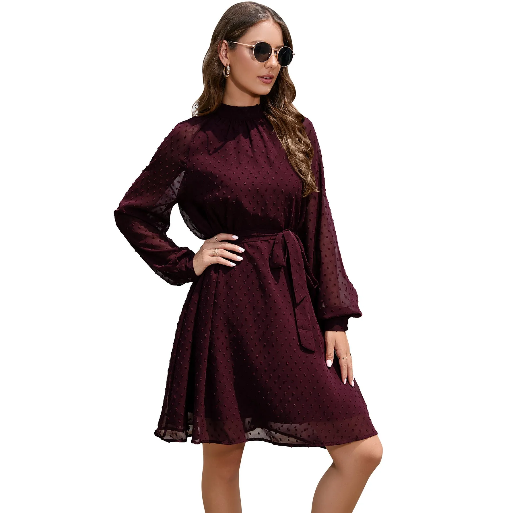 Long-Sleeve Flowing Chiffon Polka Dot Gentle Belt Dress Wholesale Dresses