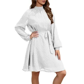 Long-Sleeve Flowing Chiffon Polka Dot Gentle Belt Dress Wholesale Dresses