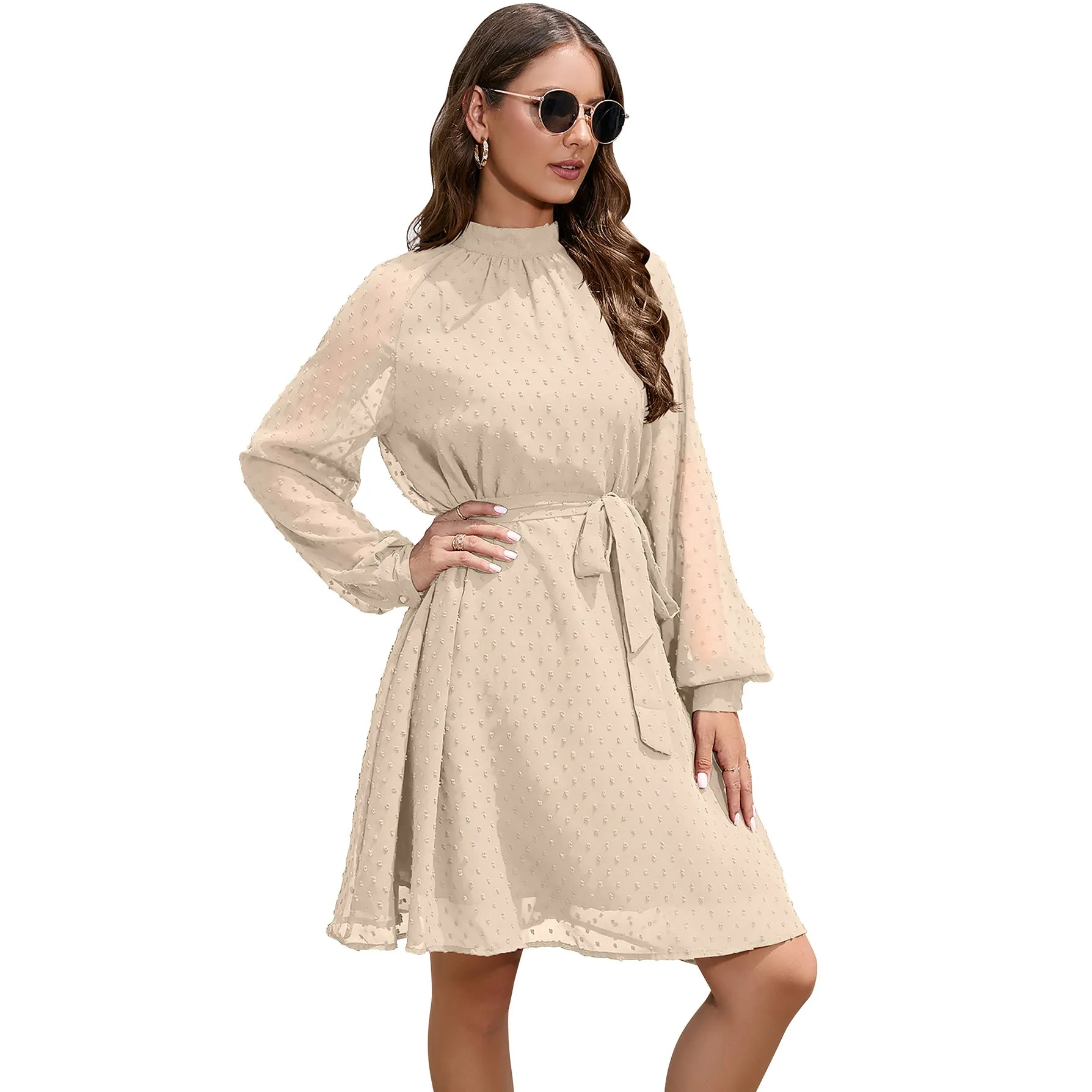 Long-Sleeve Flowing Chiffon Polka Dot Gentle Belt Dress Wholesale Dresses