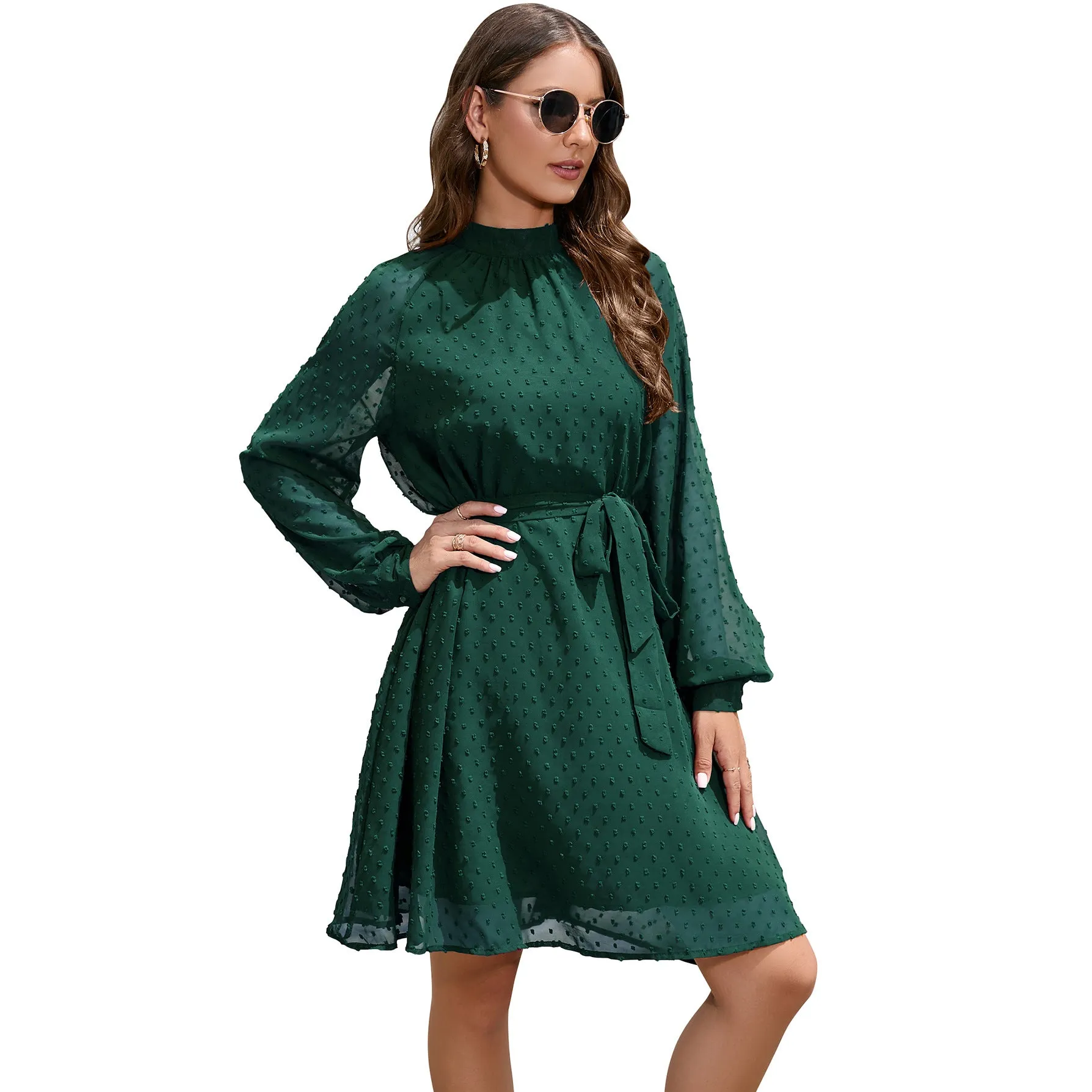 Long-Sleeve Flowing Chiffon Polka Dot Gentle Belt Dress Wholesale Dresses